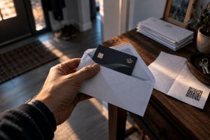 Card bancar fals primit prin poștă, cu scrisoare și cod QR
