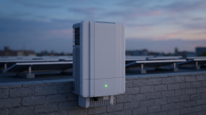 Invertor solar montat pe perete, cu led verde, lângă panouri fotovoltaice pe acoperiș, la apus