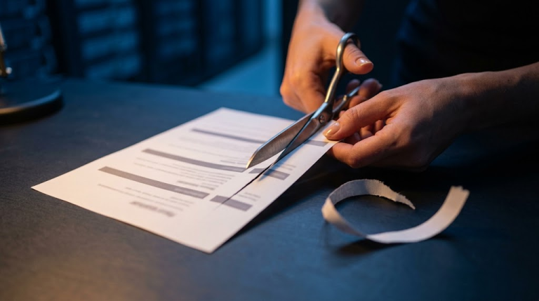 Mâini care taie cu foarfeca o fâșie dintr-un CV tipărit, simbol al eliminării datelor personale inutile