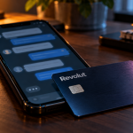 Telefon cu mesaje și un card Revolut pe un birou