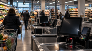 Case de marcat self-checkout si clienti intr-un supermarket