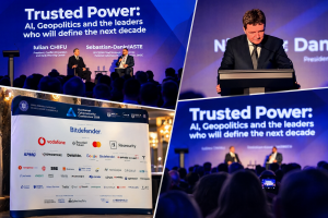 Colaj de la Bucharest Cybersecurity Conference 2026: scena, panoul de sponsori si discursul de deschidere