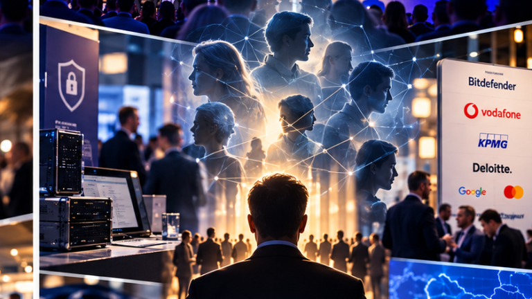 Colaj din imagini de la Bucharest Cybersecurity Conference 2026: standuri, participanti si panoul de sponsori