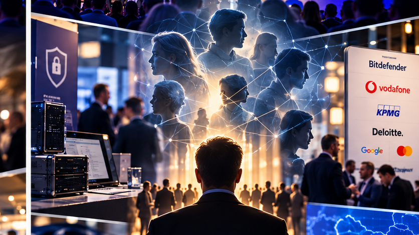 Colaj din imagini de la Bucharest Cybersecurity Conference 2026: standuri, participanti si panoul de sponsori