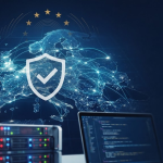 Rețea digitală peste harta Europei, simbol NIS2, servere și laptop cu cod