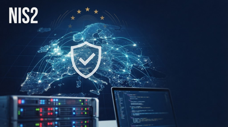Rețea digitală peste harta Europei, simbol NIS2, servere și laptop cu cod